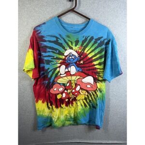 The Smurfs Shirt Mens Medium Multicolor Tie Dye Mushroom Graphic Tee Cartoon